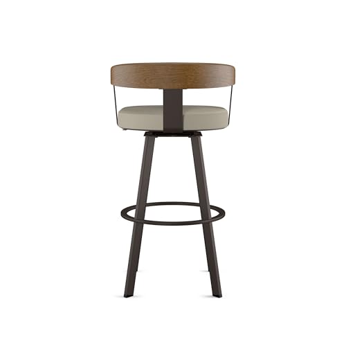 Image of Amisco Lars 30 inch Swivel Bar Height Barstool, Upholstered Stool with Solid Wood Back and Arms for Kitchen Island or Bar, Drees Stool, Greige Faux Leather /Light Brown Wood /Dark Brown Metal