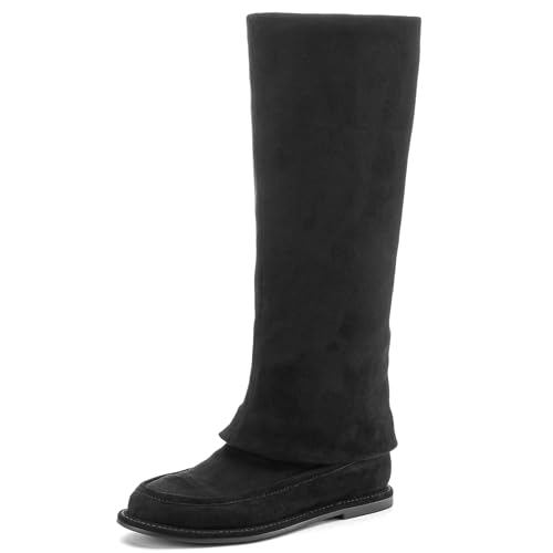CouieCuies Black Knee High Boots for Women Tall Boot Fold Over Dress Shoes Flats Moccasin Boots Below the Knee Comfortable Long Boot Size 8
