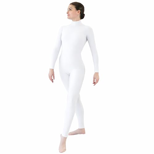 Danzcue Womens Long Sleeve Unitard Bodysuit Turtle Neck Full Body Dance Jumpsuit White M