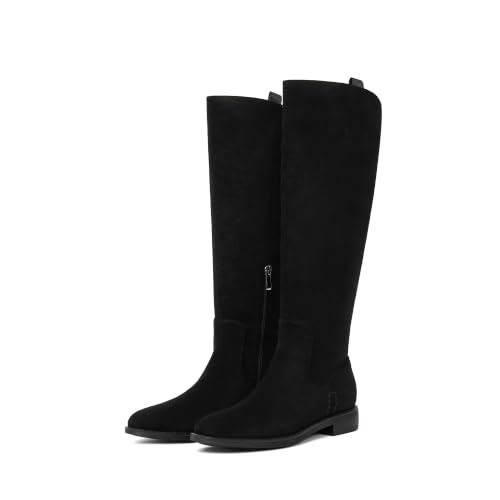 Image of Modatope Knee High Boots Women Rounded Toe Flat Retro Bais Opening Low Chunky Heel Riding Boots