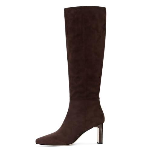 Knee High Boots for Women Square Toe Chunky Heeled Wide Calf Boots with Side Zipper Fall Dress Elastic Tall Boots