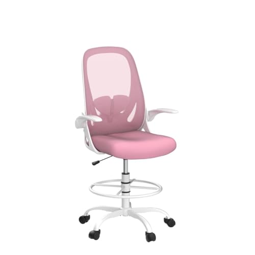 Image of Primy Drafting Chair Tall Office Chair with Flip-up Armrests Executive Ergonomic Computer Standing Desk Chair with Lumbar Support and Adjustable Footrest Ring (Pink)