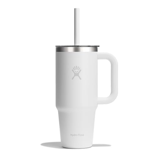 Hydro Flask – Travel Tumbler 710 ml (24 oz) with Clear Press-in Straw Lid – Stainless Steel – Double Wall Vacuum Insulated – Splash Resistant – White