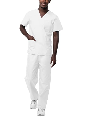 Sivvan Unisex Scrubs - Classic V-Neck Top & Drawstring Pants Scrub Set - S8400 - White - S