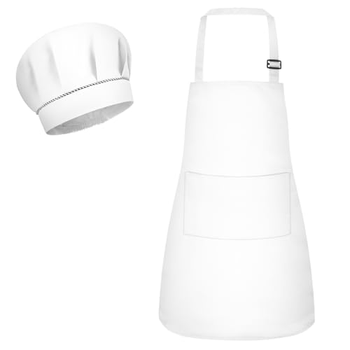 BSBUY Avental de cozinha para crianças, avental de cozinha e gorro de cozinheiro, com bolsos, avental branco crianças para cozinhar assar pintar artesanato