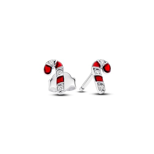 Pandora Moments Candy cane sterling silver stud earrings with clear cubic zirconia and red enamel