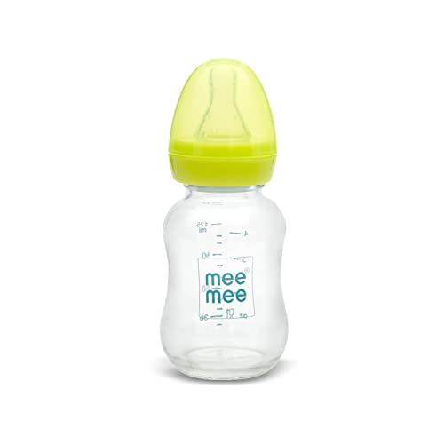 Mee Mee Glass Feeding Bottle 120ml (Green)| Borosilicate Baby Milk Bottle with Eazy Flo Technology, Anti-Colic Valve &Slim Neck| BPA-Free,Ergonomic Anti-Slip Design for Newborns & Babies up to 3 Years