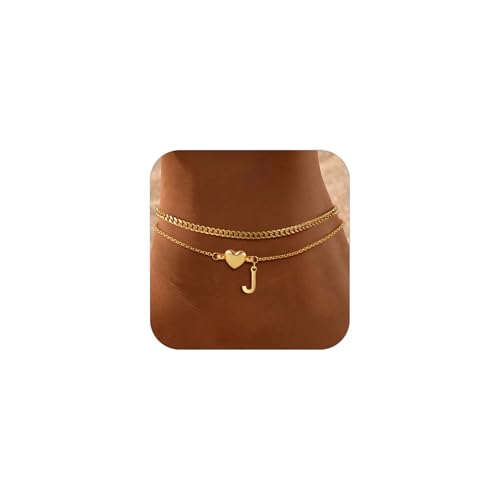 Image of SLOONG Gold Initial Anklet Bracelets for Women, 14k Gold Plated Layered Letter A-Z Heart Anklet Dainty Trendy Waterproof Summer Beach Jewelry Gifts for Women