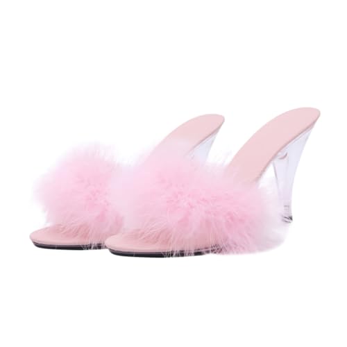 Sandales pantoufles femmes habillée en duvet de poulet noir pour soirée