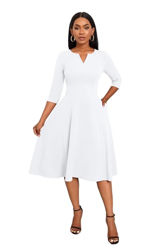 Image of Nmoder Midi Dresses for Women A-Line Fit and Flare Dress 3 /4 Sleeve V Neck Cocktail Wedding Guest Work Dress with Pockets