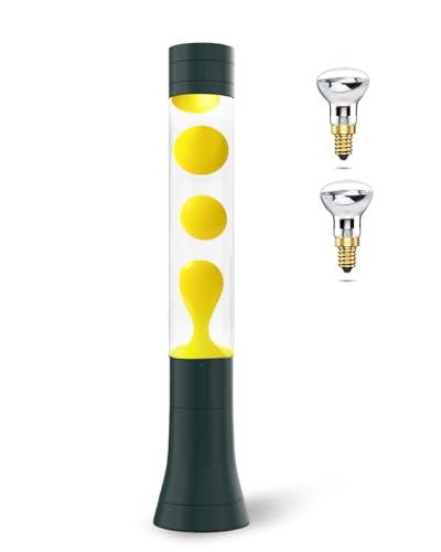 Lampe à lave Cire jaune et liquide transparent, Lampes à lave rétro 15 pouces Socle Métallique Vert avec 2 ampoules, Lampe de chevet pour salon et tables de chevet, Décoration d'ambiance pour Noël
