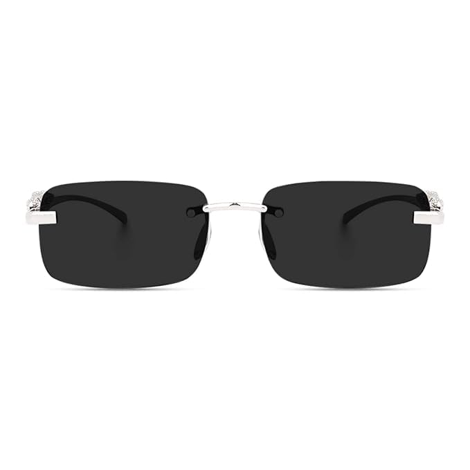 Rimless Sunglass, Leopard Design, Black Silver Sunglasses For Men & Women, Metal Silver Frame-picture-46
