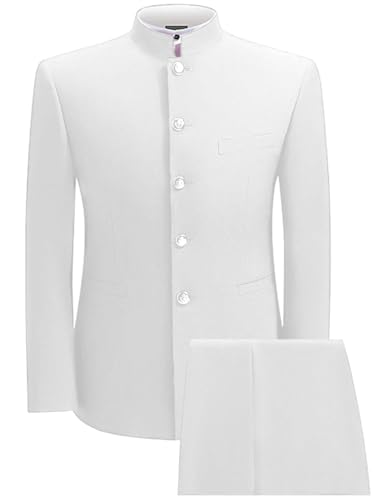 2 Piece Men's Chinese Suit Chinese Stand Collar Slim Fit Suits Front Button Blazer Pant Set,White-XL