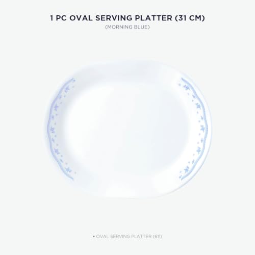 Image of CORELLE Morning Blue 31CM Multipurpose Kitchen Serving Oval Platter|Ideal for Snack /Tandoori|Vitrelle 3 Layer Glass|Lightweight Non-Porous Surface Crockery|1-Year Warranty on Chip /Break /Scratch