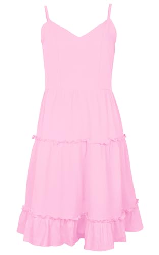 Image of FANCYINN Women Floral Casual Tiered Mini Dresses Spaghetti Strap V Neck Backless A Line Swing Short Dress with Pockets