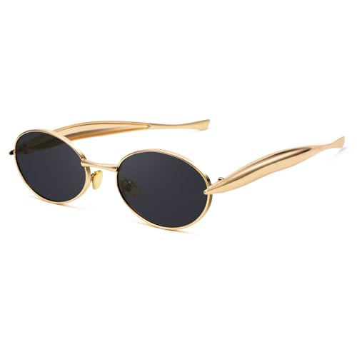 Retro Oval Small Sunglasses for Women Men - Trendy Vintage Gold Metal Sun Glasses