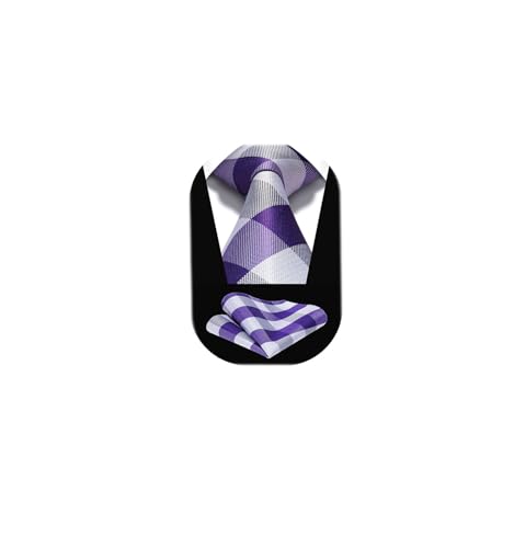Image of HISDERN Ties for Men Plaid Checkered Tie with Pocket Square Woven Business Formal Necktie Handkerchief Set Wedding Party