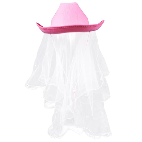 Chapeau de Mariée Blanc en Denim VALICLUD avec Voile Perlé et Ruban Rose pour Occasions