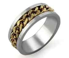 Metal Jewellery Men's Titanium Stainless Steel Gold Link Chain Stripe Spinner Ring and Band Size 12