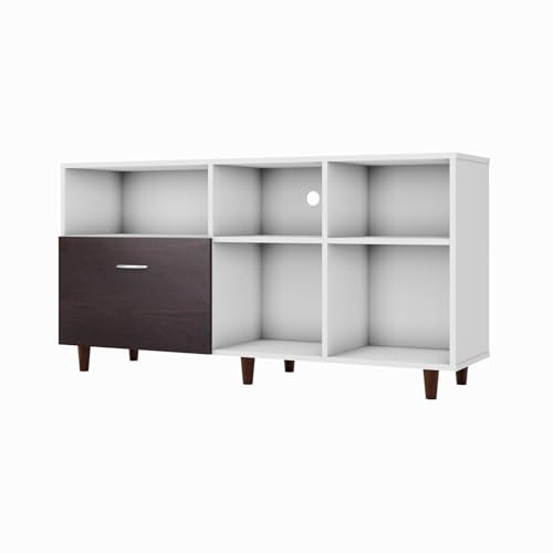 Image of VIKI Modern TV Unit for Living Room | Engineered Wood TV Cabinet with 1 Drawer Storage & 3 Open Shelves, Entertainment Unit, 140W x 74H x 40D cm | DIY | 1 Year Warranty (White & Wenge)