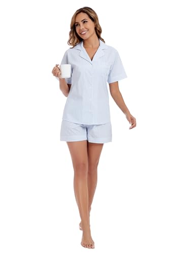 Image of LUBOT 100% Cotton Pajamas for Women 2 Piece PJ Set Poplin Woven Lightweight Ladies Button Short Sleeve Sleepwear S-XXL