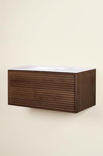 Meuble salle de bain suspendu BONNIE L100 x H46 x P50 cm couleur noyer + vasque encastrée sans trou robinet BASS en contreplaqué | vasque solid surface | 1 tiroir|...