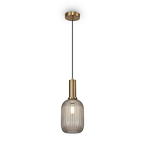 Zelma Suspension Moderna, Abat-jour en Verre strié Сouleur ambre, Métal Couleur laiton, 1 Lumière, Hauteur réglable, pour 1 ampoule E27 40W non incl Cover