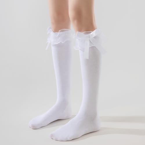 Image of AMHRLINGTO Women's Lace Ruffle Frilly Ankle Socks - Girl Cotton Knee High Socks with Bow Lace Ruffle Trim