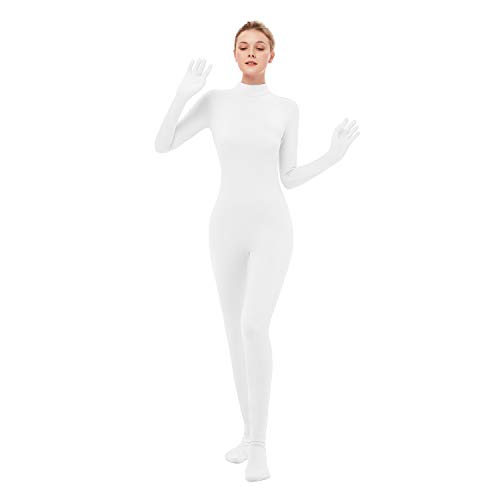 UINASH Womens Turtleneck Jumpsuit Long Sleeve Bodycon Full Body Spandex Footed Bodysuit Costume Unitard (White Medium)