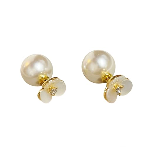 Dainty Double-sided Shell Flower CZ Pearl Earrings for Women Fashion Round Pearl Front Back Stud...