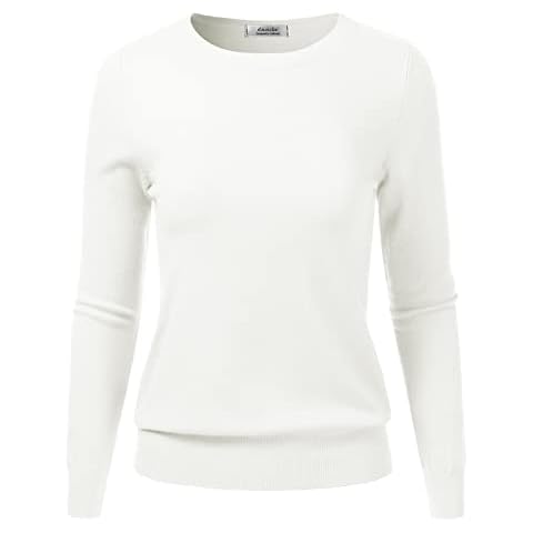 danibe Women's Crewneck Long Sleeve Pullover Soft Knitted Sweater White S Cover
