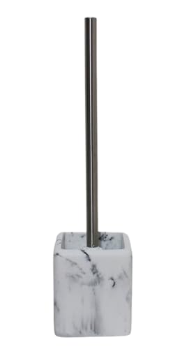 Image of Toilet Brush and Holder Set with Stainless Steel Handle - Modern Marble-Look Polyresin Base, Decorative Bathroom Toilet Bowl Brush with Nylon Bristles, Durable Toilet Cleaning Accessory (White)