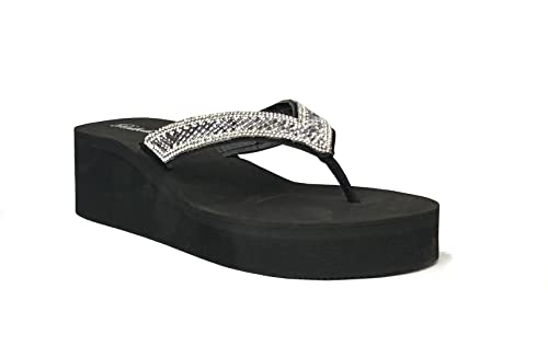 Image of REDVOLUTION New Women's Rhinestone Sandals Platform T-Strap Jewel Sandals High Wedge Flip Flops
