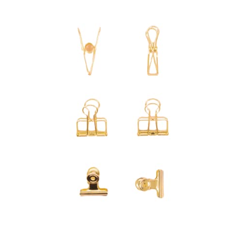 Image of Craftelier - Set of 6 Metal Clamps with 3 Different Sizes and 3 Different Designs | Holds for Scrapbooking and Craft Materials | Dimensions Approx. 1 x 5.5 cm, 3 x 4 cm, 3 x 3 cm - Gold Colour