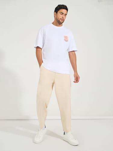 Image of Styli Men Cream Stretch Twill Balloon Fit Cotton Cropped Mid-Rise Chinos, Cream, 38