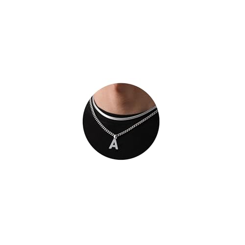 Esmoly Collana Uomo Argento Oro Nero Con Lettere A-Z 18+20 Inches - Catena Cubana in Acciaio Inossidabile 316L - Regalo (Argento A)