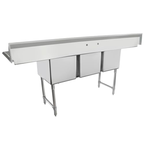 Image of Empura 88 inch Wide Stainless Steel Three Compartment Commercial Sink | Prep Utility 16 inch x 20 inch Bowl for Restaurant Laundry | (2) 18 inch Drainboard, 9.75 inch Backsplash, 88 inchW x 25.5 inchD x 44.25 inchH, 16 Gauge, NSF