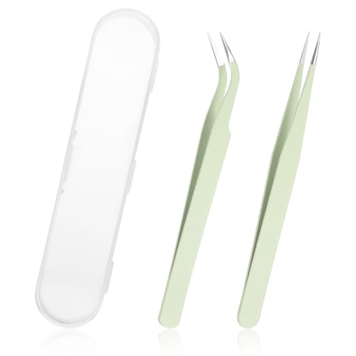 Sticker Tweezers 2 Pcs Stainless Steel Crafting Tweezers Straight Curved Eyebrow Tweezer for Stickers Jewelry Making DIY Crafts Scrapbooking Precision Electronics (Green)