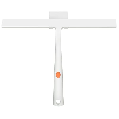 Image of Squeegee for Shower Door 14 Inch Wide Blade, 11 Inch Short Handle One-Piece Silicone with Stainless Steel Core, Non-Slip Grip Window Squeegee for Bathroom Mirror Car Windshield, Aluminum Hook (White)