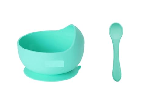 Image of Xacton Baby Feeding Bowl & Wood Solid Handle Spoon I Silicone Unbreakable Non-Slip Suction Base Design I BPA Free, Dishwasher, Freezer & Microwave Safe I Feeding Kit for Infants & Toddler (Cyan)