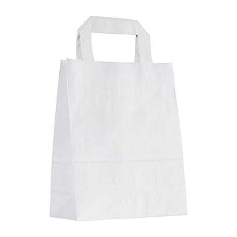MARENT Pack of 50 White Kraft Paper Gift Bags with Flat Handles | Ideal for Gifts, Party, Shopping, Packaging, Wedding | 18cm x 22cm x 9cm Cover