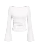 PRETTYGARDEN Women's Long Sleeve Shirts 2025 Fall Crop Going Out Tops Casual Boat Neck Bell Sleeve Ribbed Ruched Y2K Clothes (White,Medium)
