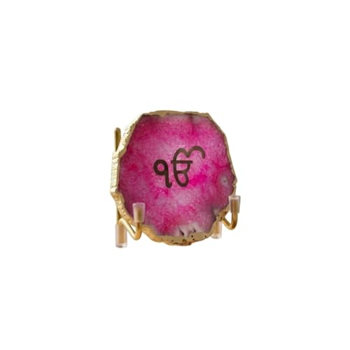 Image of Ik Onkar Metal Holder with Pink Agate, Festive Home Decor Showpiece for Temple, Meditation and Prayer Room, Perfect Decorative Corporate Gift, Housewarming and Spiritual Spaces