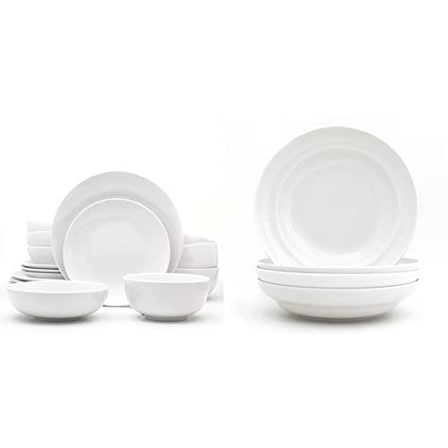 Euro Ceramica Essential Collection Porcelain Dinnerware and Serveware, 16 Piece Set, Classic White & White Essential Porcelain Collection, Pasta Bowls Set of 4, Inverted Rim Design, Classic