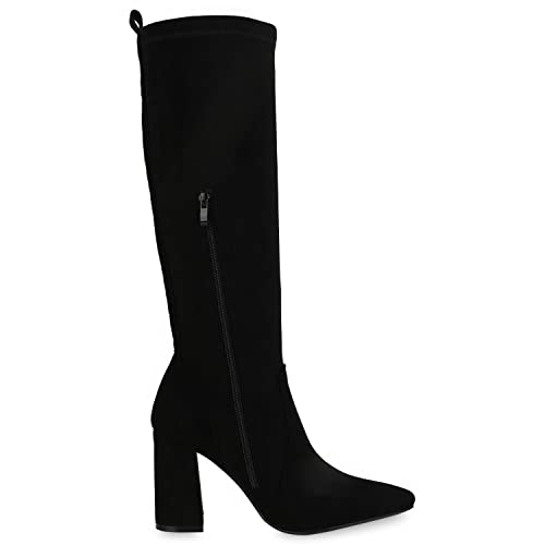 VAN HILL Damen Klassische Stiefel Basic Schuhe Spitze Blockabsatz Freizeitstiefel Veloursleder-Optik Absatzschuhe 210062 Schwarz Velours 37