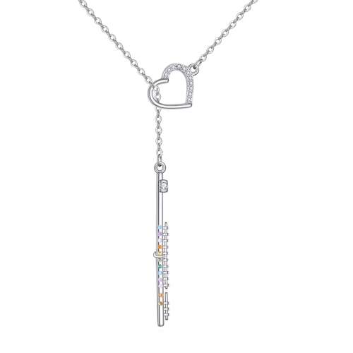 Flute Gifts Sterling Silver Flute Heart Y-Necklace Flute Jewelry for Women and Flute Lovers