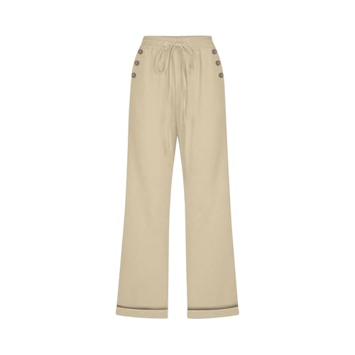 Capri Linen Pants for Women Cotton Casual Summer Capris Drawstring High Waist Pants Wide Leg Buttons Cropped Trousers4