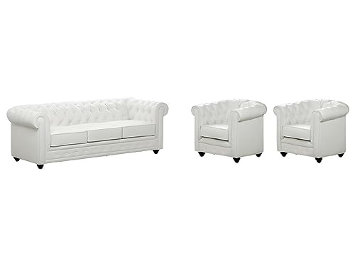 Vente-unique - Canapé 3 Places et 2 fauteuils Chesterfield - Simili Blanc
