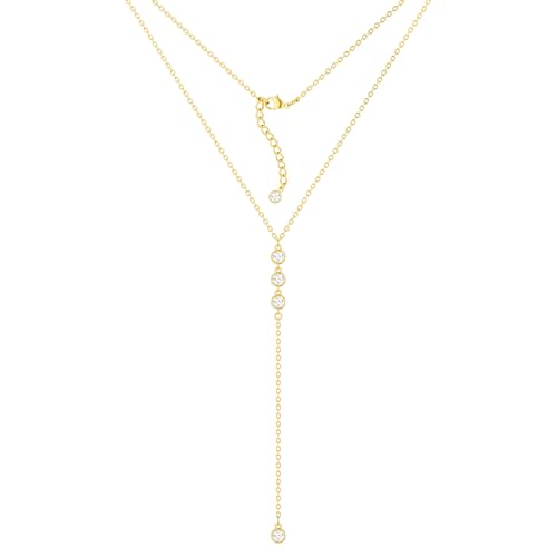 Tewiky Lariat Necklace , Simple Long Dainty Gold Necklace for Women Trendy 14k Gold Plated CZ Diamond Drop Cute Aesthetic Y Necklace Fashion Jewelry Gifts