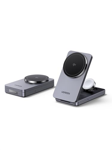 UGREEN Qi2 15W Carregador Sem Fio 3 em 1 MagFlow Certificado, Suporte de Carregamento Dobrável MagSafe Compatível com iPhone 17/16/15/14/13/12, AirPods 4/3/2/Pro, iWatch